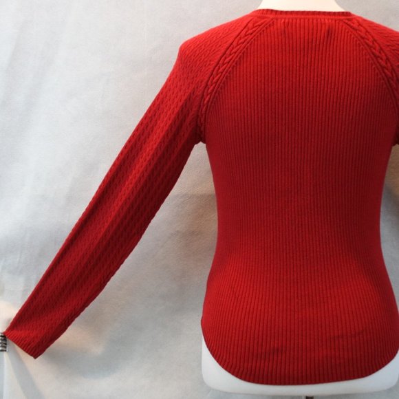 Tommy Hilfiger Ribbed Red Cotton V-Neck Cable Sleeve Pullover Sweater SZ M EUC - Picture 7 of 10